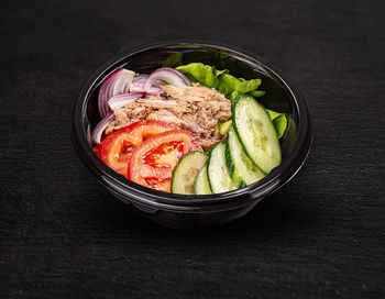 High angle view of food in bowl on table