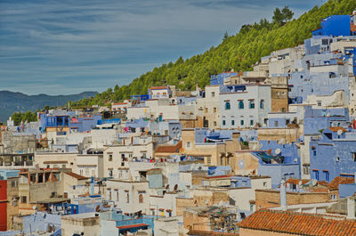 High angle view of buildings in city