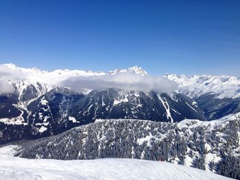 Scenic view of snow covered mountains against sky