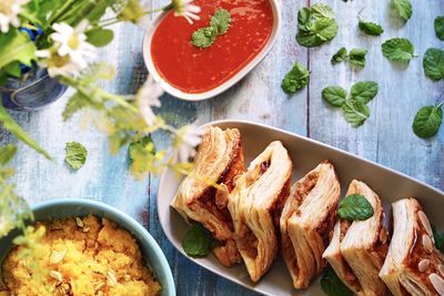 High angle view of fruit salad in plate on table