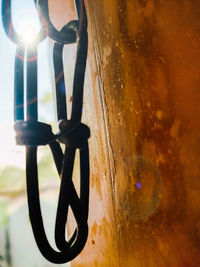 Close-up of illuminated electric lamp on wall