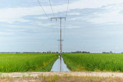 Electricity pylon on field against sky