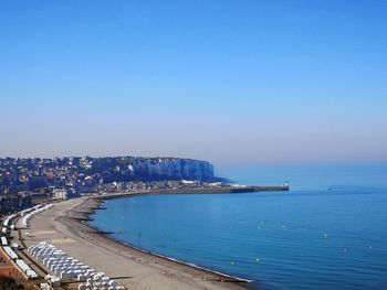 Scenic view of sea against clear blue sky