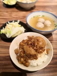 High angle view of food served on table