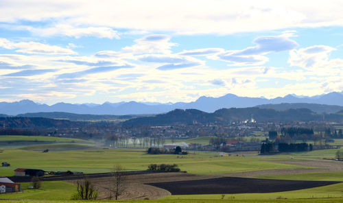 Scenic view of agricultural field against sky