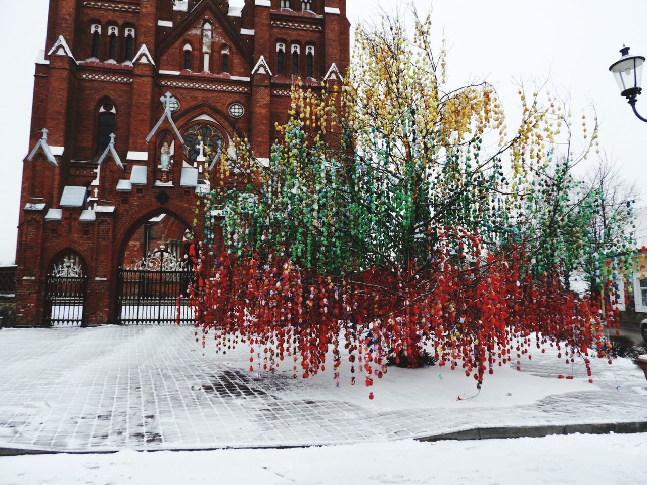 snow, cold temperature, winter, plant, tree, architecture, nature, built structure, building exterior, day, no people, outdoors, city, red, transportation, growth, building, arch, covering, snowing