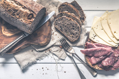 High angle view of breakfast served on table