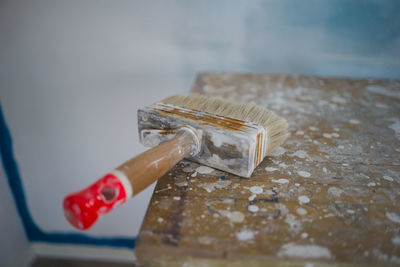 High angle view of paintbrushes on table