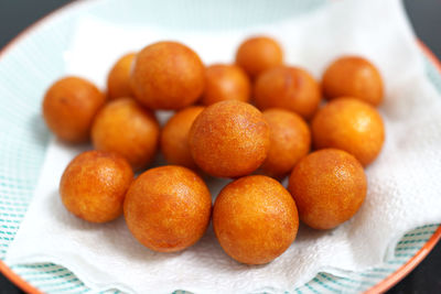 High angle view of fried food in plate on table