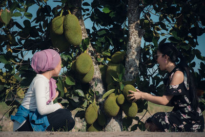 Rear view of women sitting on jackfruit tree. 