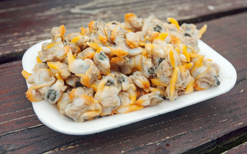 Close-up of pasta in plate on table