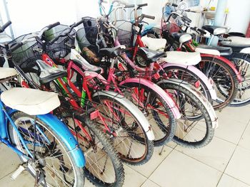 High angle view of bicycles in parking lot