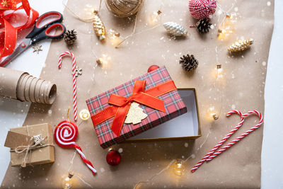 High angle view of christmas decorations on table