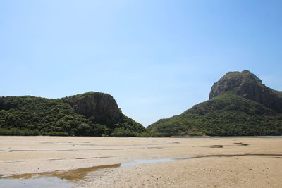 Scenic view of beach against clear blue sky