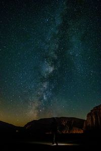 Low angle view of landscape against star field