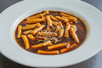 High angle view of noodles in bowl on table