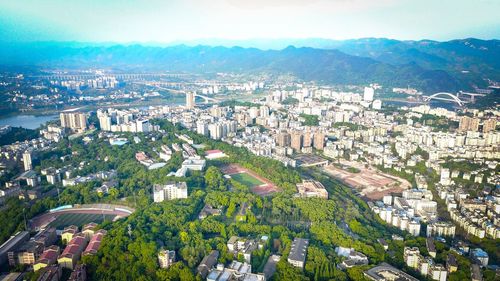 High angle view of cityscape against sky