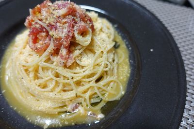 High angle view of pasta in plate