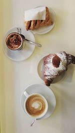 High angle view of breakfast on table