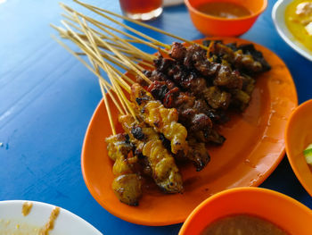 High angle view of meal served on table