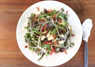 High angle view of salad in plate on table