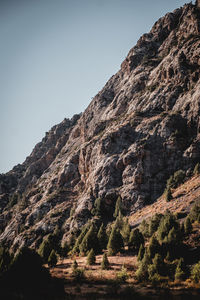 Low angle view of rocky mountains against clear sky