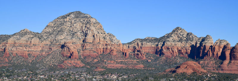 Panoramic desert landscape and mountains under blue sky