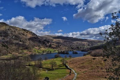 Scenic view of river by mountains against sky