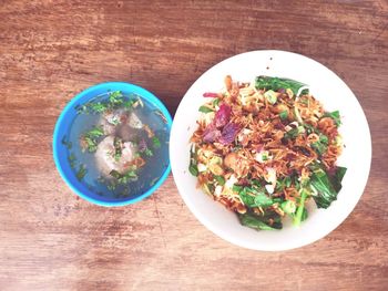 High angle view of meal served on table