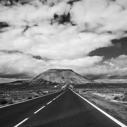 Empty road along landscape against cloudy sky