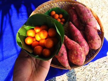 High angle view of hand holding fruits in bowl