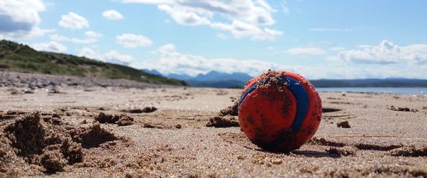 Close-up of strawberry on beach against sky