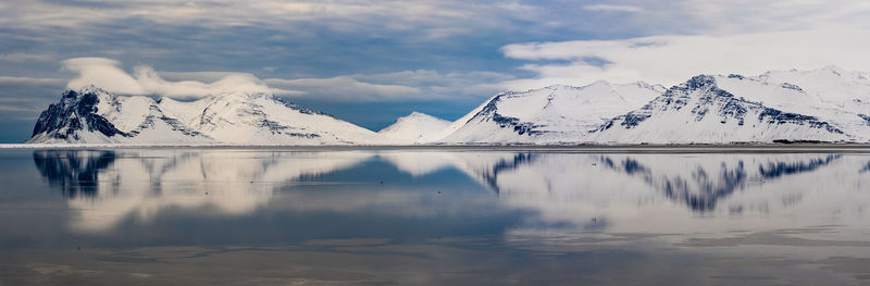 Panoramic view of lake and snowcapped mountains against sky