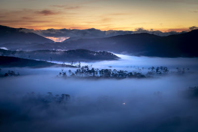 Scenic view of mountains against sky during sunset