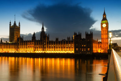 Illuminated buildings by river against sky in city