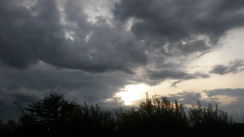 Low angle view of silhouette trees against storm clouds