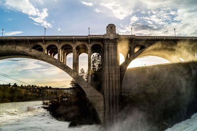 Arch bridge over river against sky