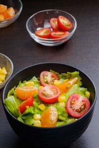 High angle view of salad in bowl on table