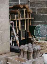 Wicker basket on stone wall