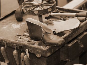 Close-up of shoe on wood