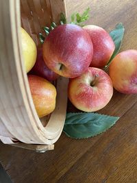 High angle view of apples in basket on table