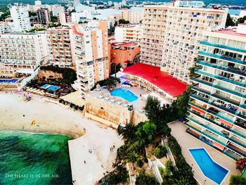 High angle view of buildings in city