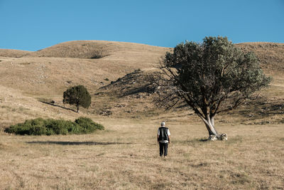 Rear view of people walking on field against clear sky