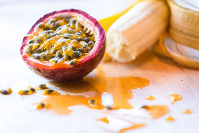 Close-up of chopped fruit on cutting board