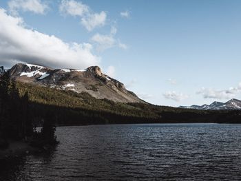 Scenic view of lake by mountains against sky