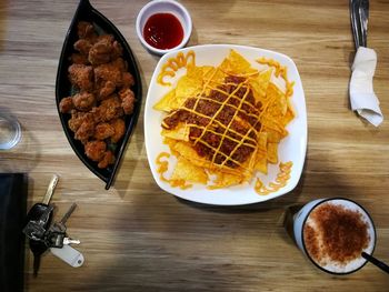 High angle view of food in plate on table