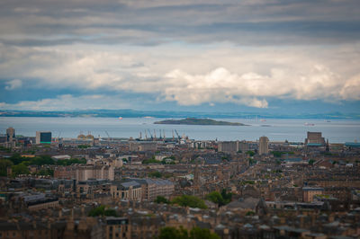 Tilt shift effect of edinburgh, with the sea in the background