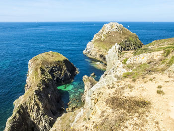 Scenic view of rock formation in sea against sky
