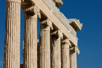 Low angle view of built structure against clear blue sky