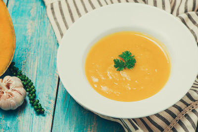 High angle view of soup in bowl on table